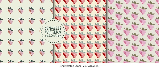 Vector set with seamless patterns, backgrounds, designs, strawberry prints. Pixel art