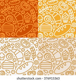 Vector set of seamless patterns and backgrounds with icons in trendy linear style - bakery concepts - design templates for packaging for sweets, cookies