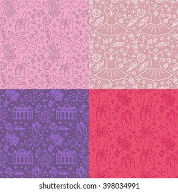 Vector set of seamless patterns and backgrounds with trendy linear icons related to ballet and theatre. Surface design  for banner, poster, websites and prints.