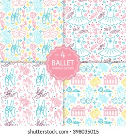 Vector set of seamless patterns and backgrounds with trendy linear icons related to ballet and theatre. Surface design  for banner, poster, websites and prints.