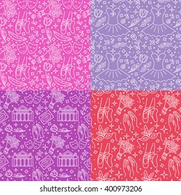 Vector set of seamless patterns and backgrounds with trendy linear icons related to ballet and theatre. Surface design  for banner, poster, websites and prints.