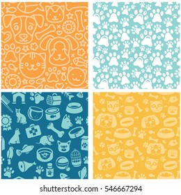 Vector set of seamless patterns and backgrounds with  icons related to pets and animals - abstract backgrounds for pet shop websites and prints