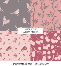 Vector set  seamless  patterns with berries, twigs, birds and leaves.