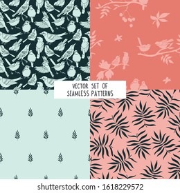 Vector set  seamless  patterns with berries, twigs, birds and leaves.