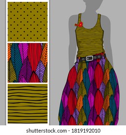 Vector set of seamless patterns with bird and foliage for printing on clothes. A set of clothes with a print and seamless patterns. Print on T-shirts, bags and and other fashion products.