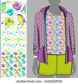 Vector set of seamless patterns with birds and flowers for printing on clothes. A set of clothes with a print and seamless patterns. Print on T-shirts, bags and and other fashion products.
