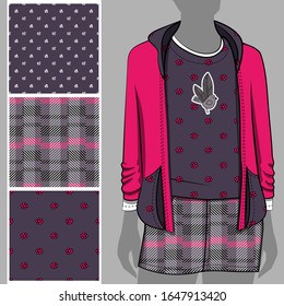 Vector set of seamless patterns with birds, flowers and polka dots for printing on clothes. A set of clothes with a print and seamless patterns. Print on T-shirts, bags and and other fashion products.