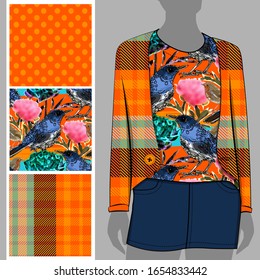 Vector set of seamless patterns with birds and flowers for printing on clothes. A set of clothes with a print and seamless patterns. Print on T-shirts, bags and and other fashion products.