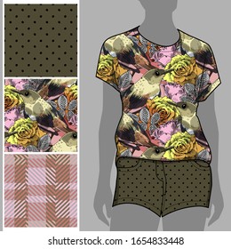 Vector set of seamless patterns with birds and flowers for printing on clothes. A set of clothes with a print and seamless patterns. Print on T-shirts, bags and and other fashion products.