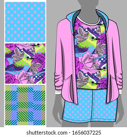 Vector set of seamless patterns with birds and flowers for printing on clothes. A set of clothes with a print and seamless patterns. Print on T-shirts, bags and and other fashion products.