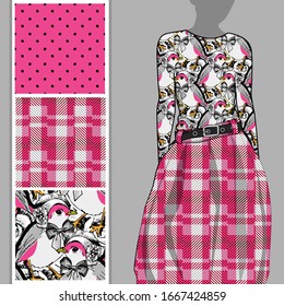 Vector set of seamless patterns with birds and flowers for printing on clothes. A set of clothes with a print and seamless patterns. Print on T-shirts, bags and and other fashion products.