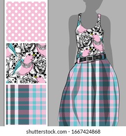 Vector set of seamless patterns with birds and flowers for printing on clothes. A set of clothes with a print and seamless patterns. Print on T-shirts, bags and and other fashion products.