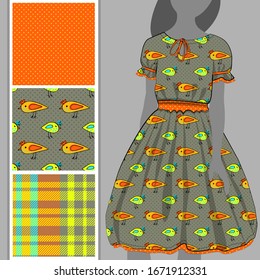 Vector set of seamless patterns with birds for printing on clothes. A set of clothes with a print and seamless patterns. Print on T-shirts, bags and and other fashion products.