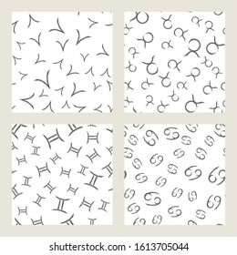 Vector set of seamless patterns with black zodiac signs on white background. Four Horoscope symbols: aries, taurus, gemini, cancer. 