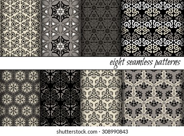 Vector set of seamless patterns in black, grey and beige colors. Can be used for textile design, backgrounds, textures, invitations, greeting cards or other.