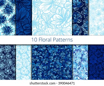 Vector set of seamless patterns with blue flowers. Blue flower vector patterns set, pattern fills, web page background, surface textures