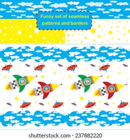 Vector set of seamless patterns and borders on a white, yellow, blue backgrounds. Boy and girl flying a rocket near the flying saucers and stars.