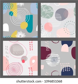 Vector set of seamless patterns with brush strokes in memphis style. Background for printing brochure, poster, party, summer print, vintage textile design, card. Pastel colors.