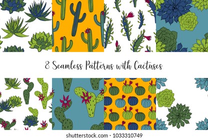 vector set of seamless patterns with cactus and succulents, hand drawn illustration