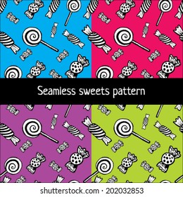 Vector set seamless patterns with candies and sweets.