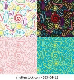 Vector set of seamless patterns with candies. Backgrounds with candy icons in trendy linear style. templates for packaging for sweets, candies and dessert.