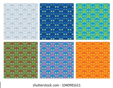 Vector set of seamless patterns with cartoon images of houses with windows on different colors backgrounds. Textile, texture, fabric, wallpaper, building, architecture. Seamless background. 