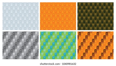 Vector set of seamless patterns with cartoon images of funny cat's muzzles on different colors backgrounds. Textile, texture, fabric, wallpaper, animal, pet. Seamless background. Vector illustration.