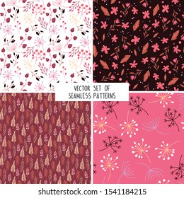 Vector set of seamless patterns. Cartoon texture with vintage flowers, leaves. Floral ornament. Sketch wrapping paper, textile, background vector fill.