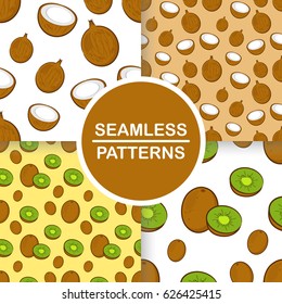Vector set of seamless patterns with cartoon kiwi and coconut