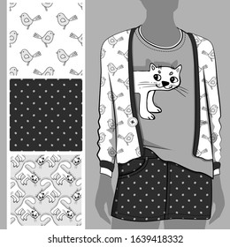 Vector set of seamless patterns with cats, birds, cell and polka dots for printing on clothes. A set of clothes with a print and seamless patterns. Print on T-shirts, bags and other fashion products.