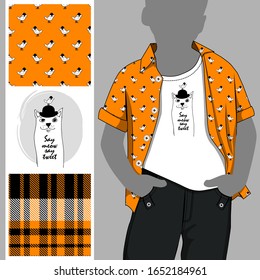 Vector set of seamless patterns with cats, birds and cell for printing on clothes. A set of clothes with a print and seamless patterns. Print on T-shirts, bags and other fashion products.