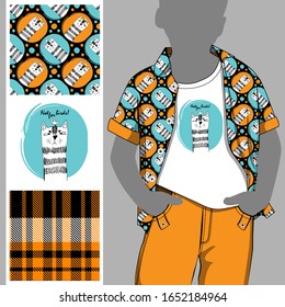 Vector set of seamless patterns with cats, birds and cell for printing on clothes. A set of clothes with a print and seamless patterns. Print on T-shirts, bags and other fashion products.
