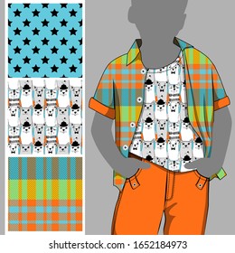 Vector set of seamless patterns with cats, birds, stars and cell for printing on clothes. A set of clothes with a print and seamless patterns. Print on T-shirts, bags and other fashion products.