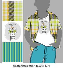 Vector set of seamless patterns with cats, birds, strips and cell for printing on clothes. A set of clothes with a print and seamless patterns. Print on T-shirts, bags and other fashion products.