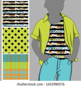 Vector set of seamless patterns with cats, stars and cell for printing on clothes. A set of clothes with a print and seamless patterns. Print on T-shirts, bags and other fashion products.