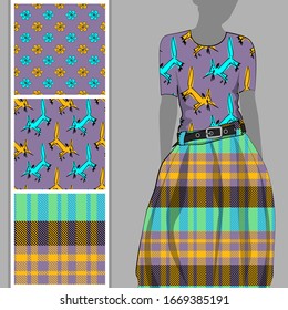 Vector set of seamless patterns with cats and cell for printing on clothes. A set of clothes with a print and seamless patterns. Print on T-shirts, bags and other fashion products.