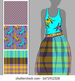 Vector set of seamless patterns with cats and cell for printing on clothes. A set of clothes with a print and seamless patterns. Print on T-shirts, bags and other fashion products.