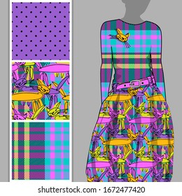 Vector set of seamless patterns with cats and cell for printing on clothes. A set of clothes with a print and seamless patterns. Print on T-shirts, bags and other fashion products.