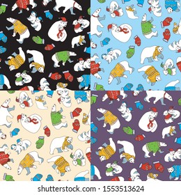A vector set of seamless patterns for christmas. Polar bears with cubs in a sweater, hat and scarf for printing on fabric or wrapping paper.