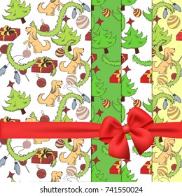 Vector set of seamless patterns for Christmas holidays with dog and decorative elements in different color and position. Cute backgrounds for textile, scrapbook paper or gift envelope, wrapping paper.