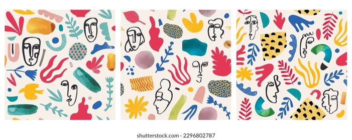 Vector set of seamless patterns. Collage cutout shapes, flowers and hand drawn cubism faces