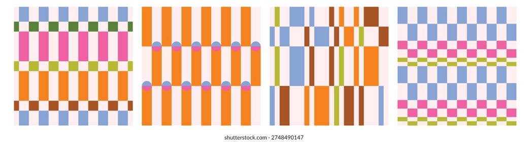 Vector set of seamless patterns, colorful striped, plaid and checkered geometric designs. Retro rainbow textile backgrounds with abstract grids, vertical stripes, modern fabric print.