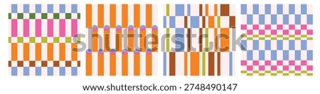 Vector set of seamless patterns, colorful striped, plaid and checkered geometric designs. Retro rainbow textile backgrounds with abstract grids, vertical stripes, modern fabric print.