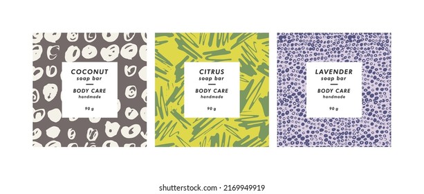 Vector set seamless patterns for cosmetics with template design labels. Abstract contemporary backgrounds for handmade soap