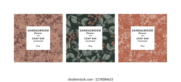 Vector set seamless patterns for cosmetics with template design labels. Backgrounds with sandalwood flowers for handmade soap