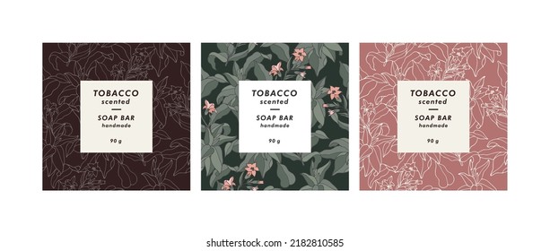 Vector set seamless patterns for cosmetics with template design labels. Backgrounds with tobacco flowers for handmade soap