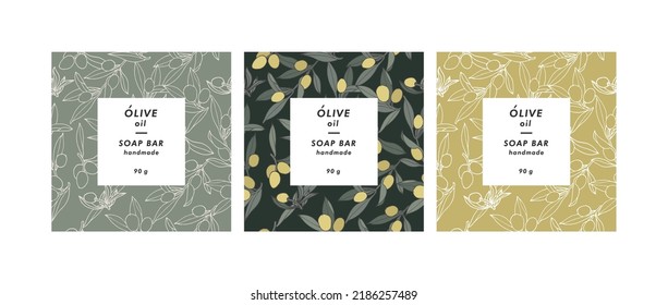 Vector set seamless patterns for cosmetics with template design labels. Backgrounds with olives branches for handmade soap