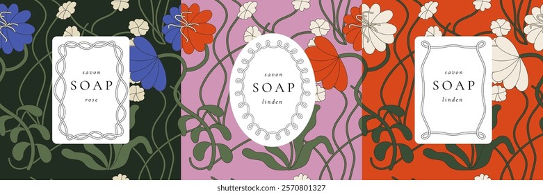 Vector set seamless patterns for cosmetics with label template design. Patterns or wrapping paper for package and beauty salons. Organic, natural cosmetic