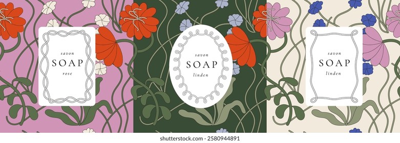 Vector set seamless patterns for cosmetics with label template design. Patterns or wrapping paper for package and beauty salons. Organic, natural cosmetic