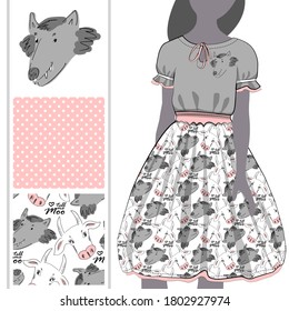 Vector set of seamless patterns with  cow and wolf, polka dots and wolf head image for printing on clothes and textile. A set for print on T-shirts, bags and and other fashion products.